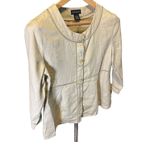 Rafaella Tan Linen Round Neck Buttoned Long Sleeve Peplum Top Sz 10 - Picture 4 of 8